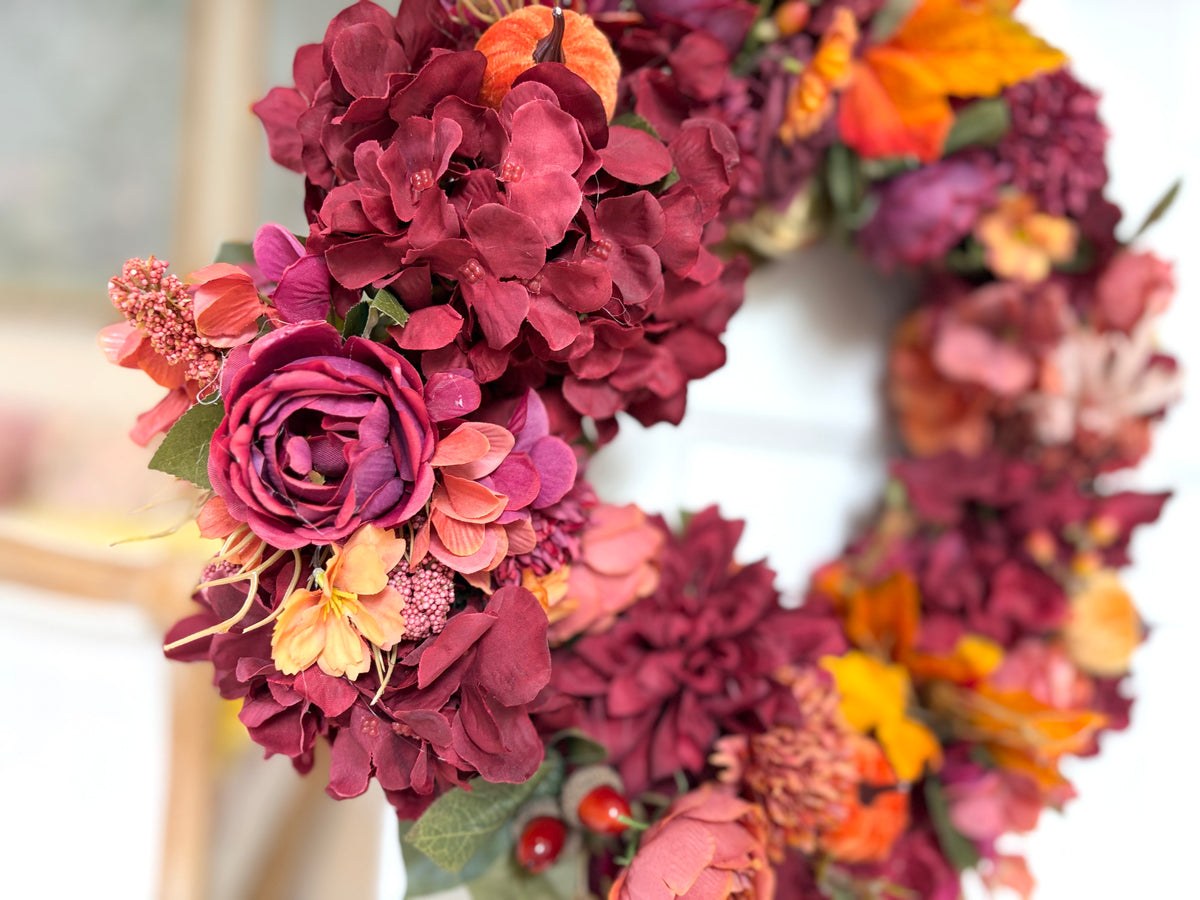 Burgundy & Amber Autumn Wreath with Mini Pumpkins