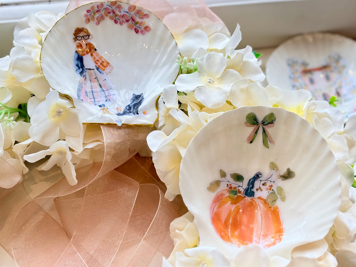 Autumn Girl & Cat Shell Trinket Dish