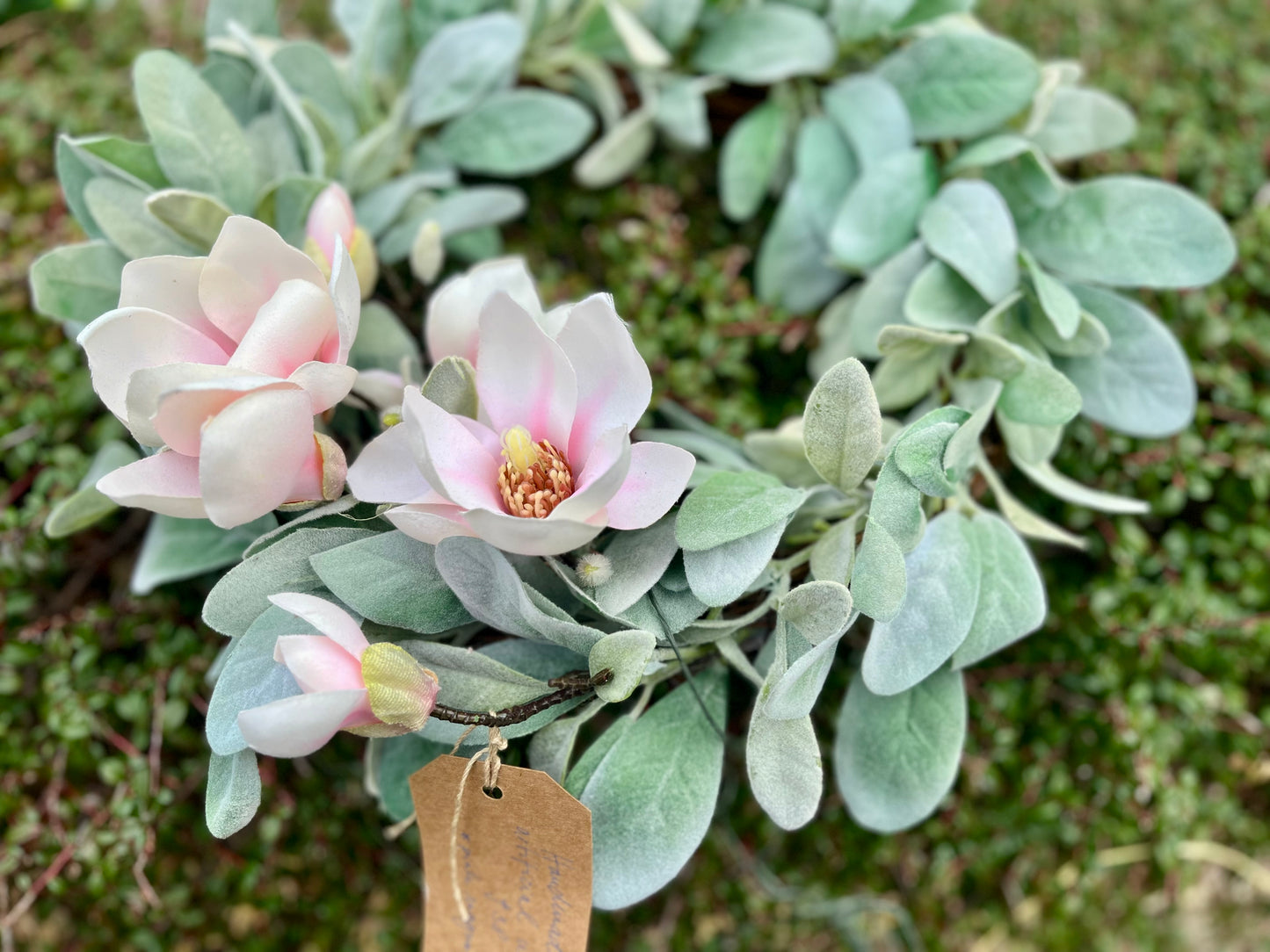 Pink magnolia artificial door wreath