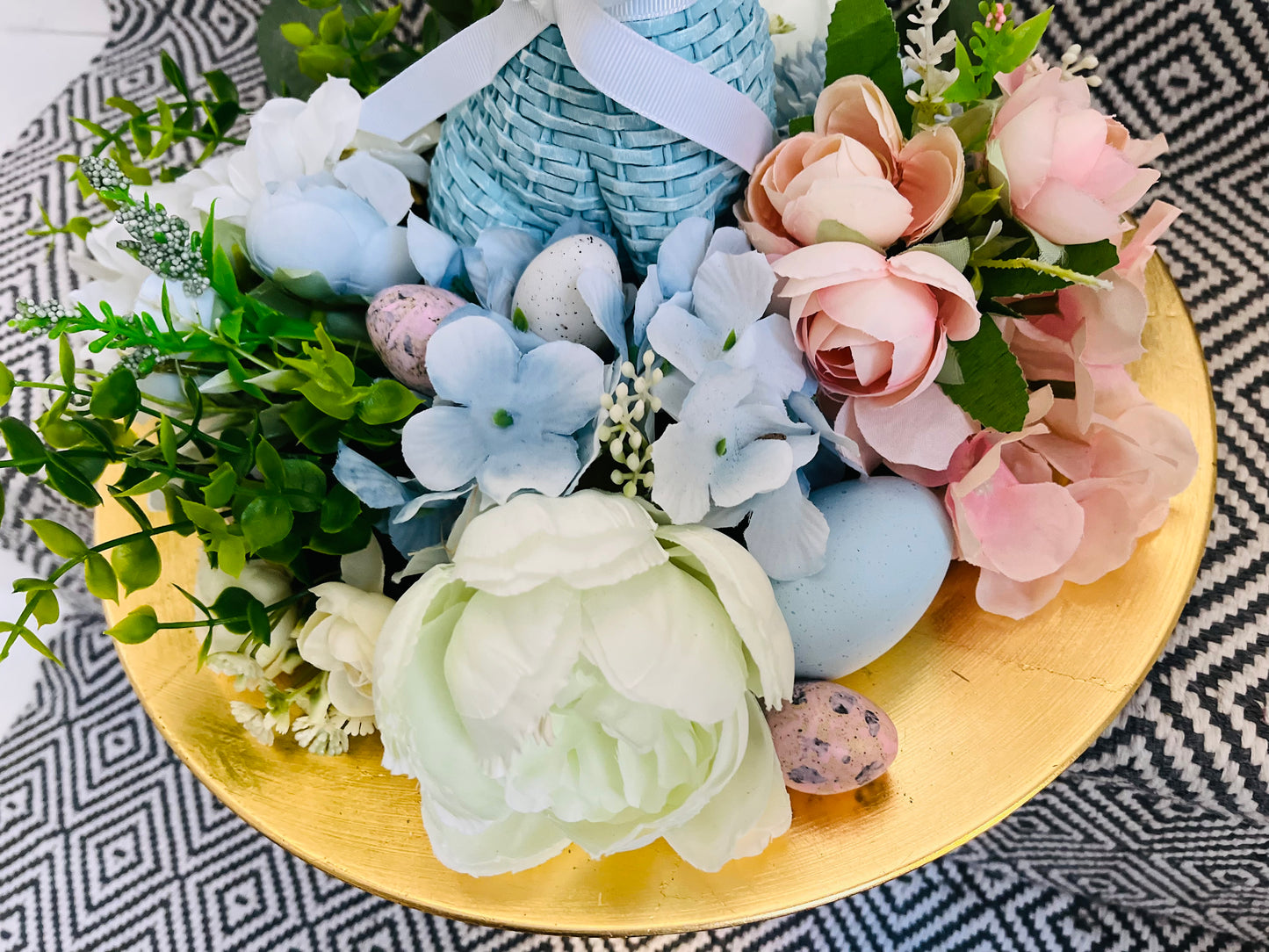 Blue bunny table faux arrangement