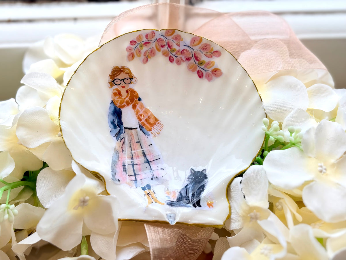 Autumn Girl & Cat Shell Trinket Dish