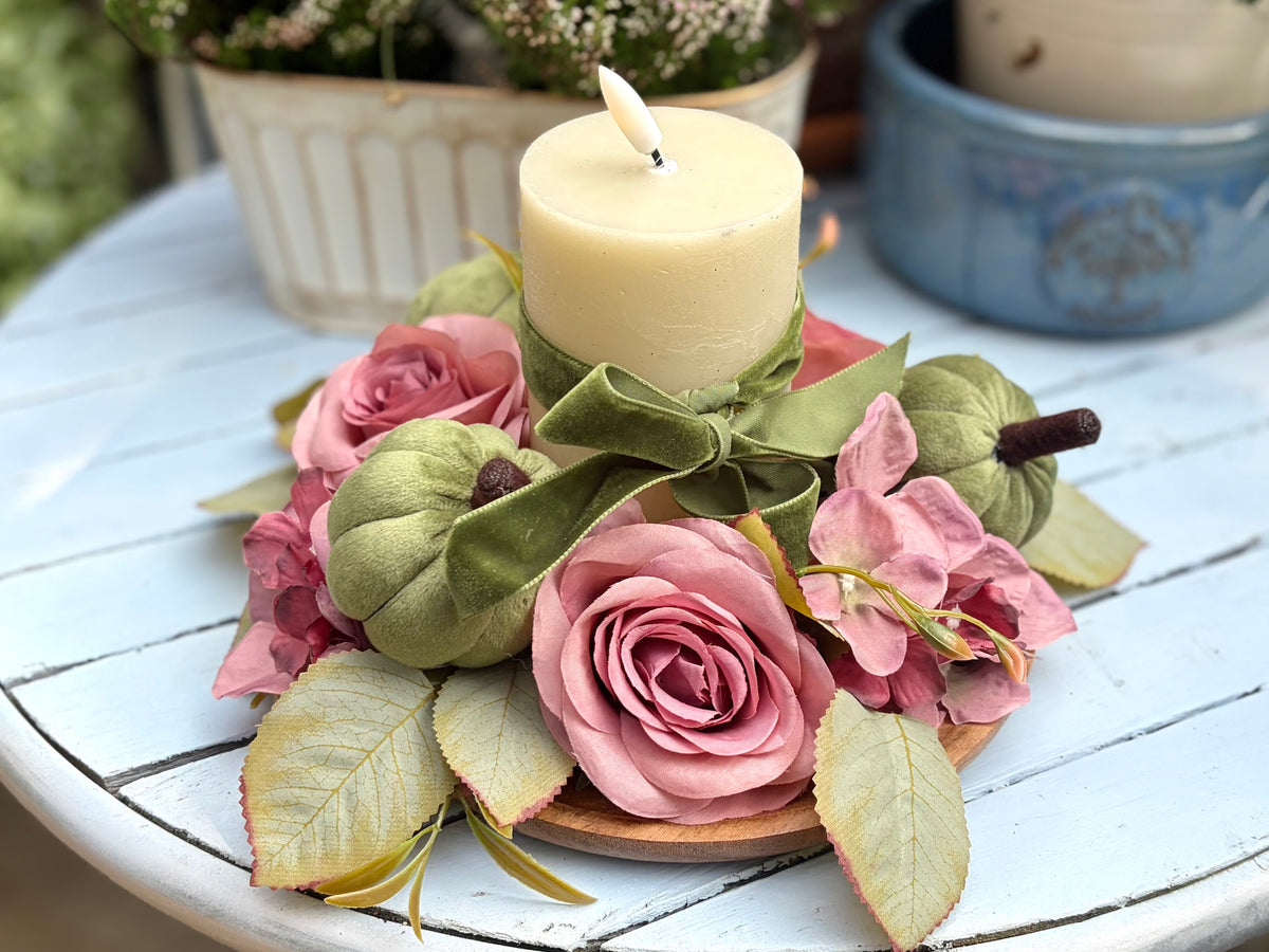 Sage Pumpkin & Rose Candle Centerpiece