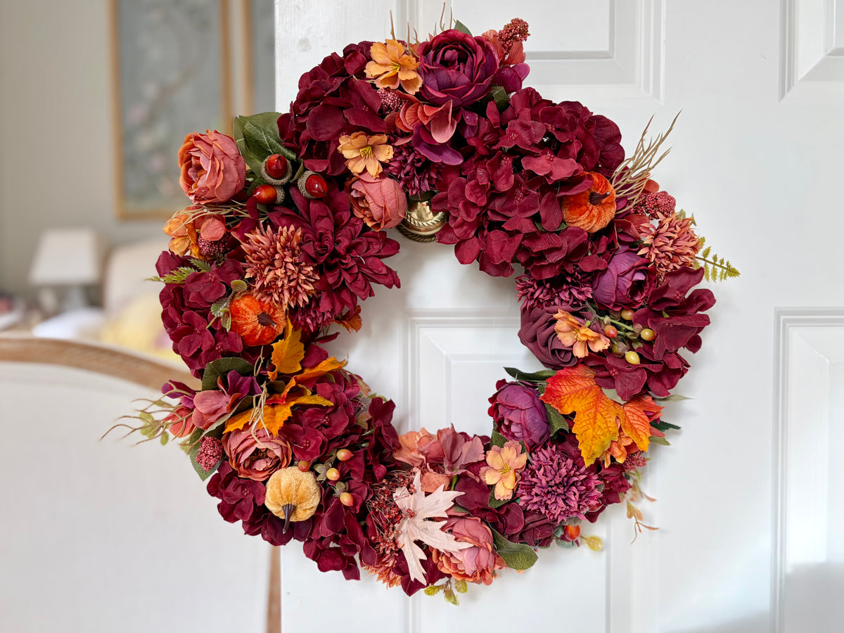 Burgundy & Amber Autumn Wreath with Mini Pumpkins