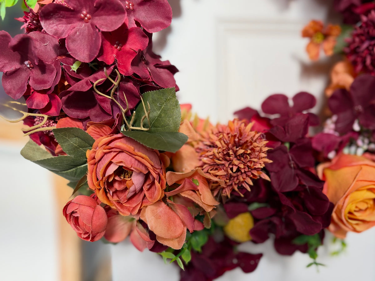 Burgundy & Orange Rose Evergreen Wreath
