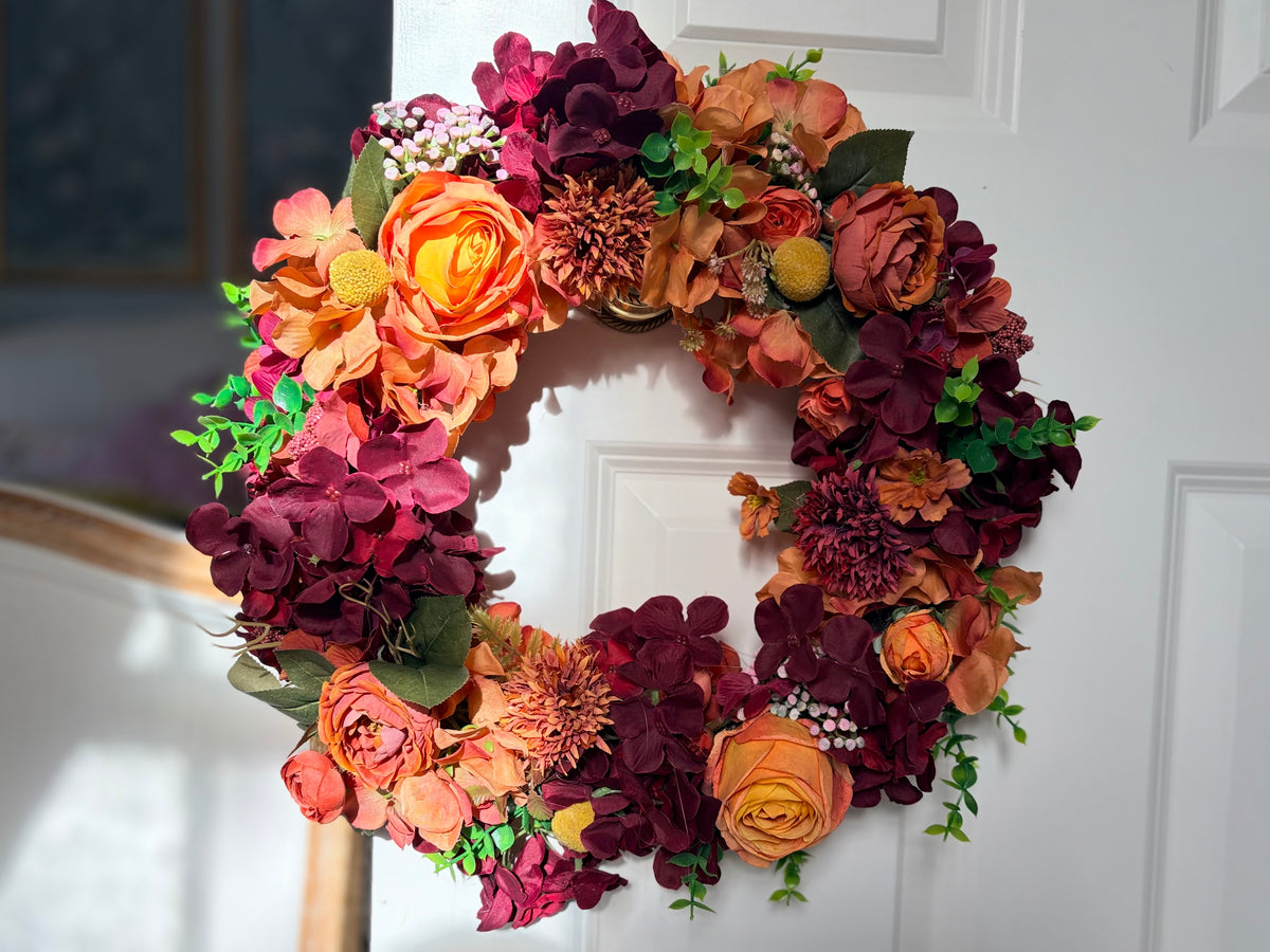 Burgundy & Orange Rose Evergreen Wreath