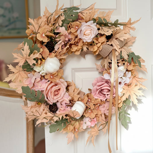 Blush Rose & White Pumpkin Autumn Wreath