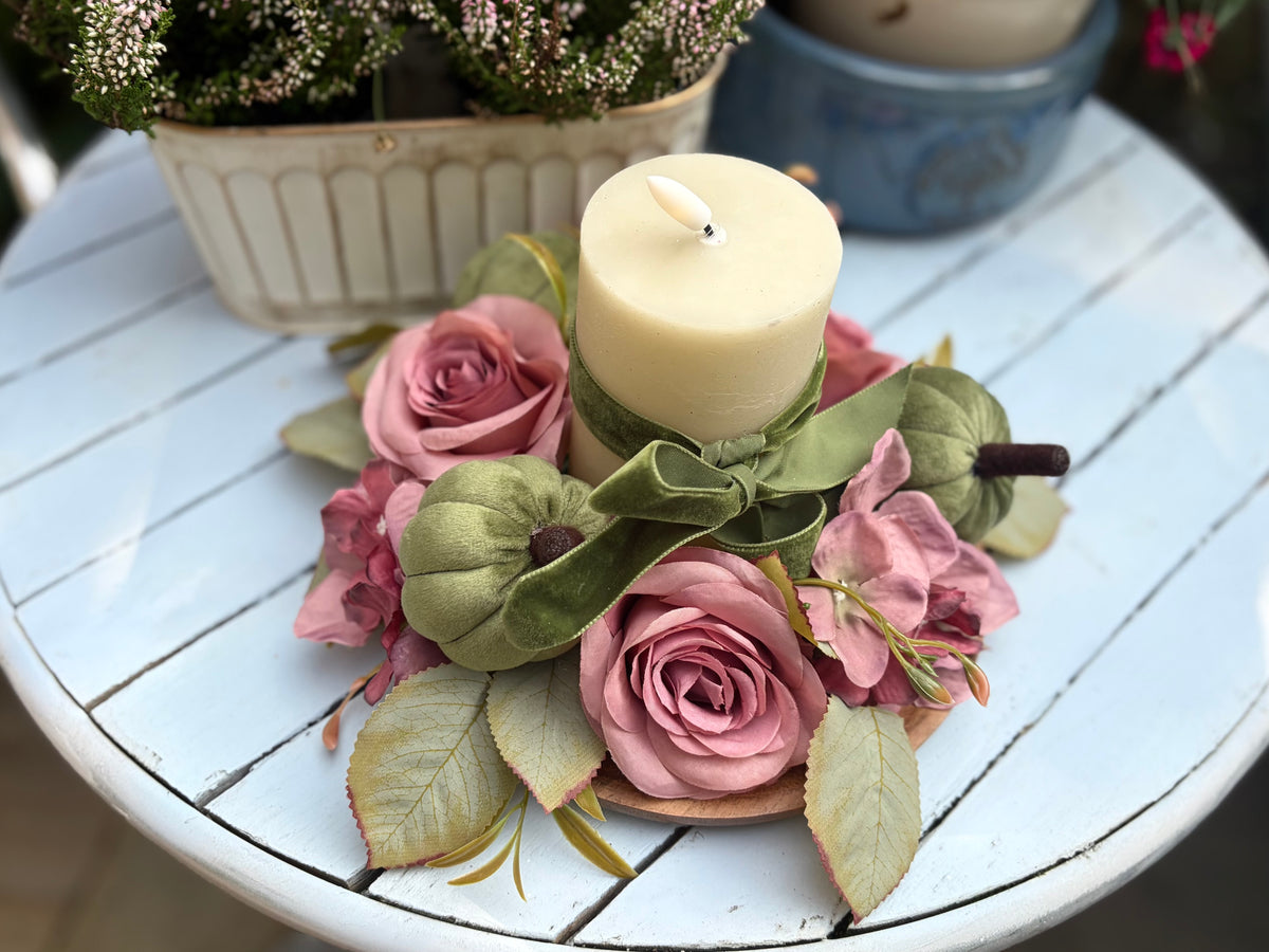 Sage Pumpkin & Rose Candle Centerpiece