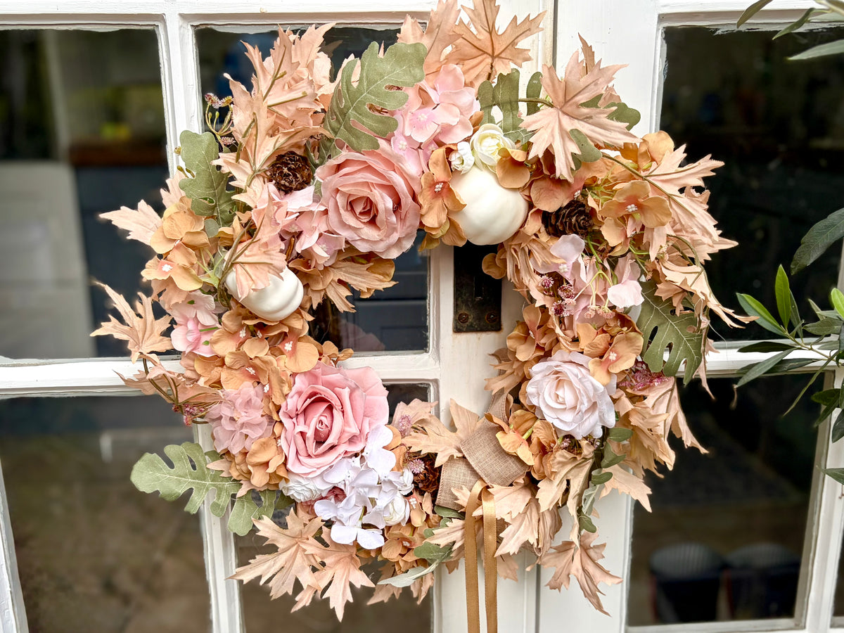 Blush Rose & White Pumpkin Autumn Wreath
