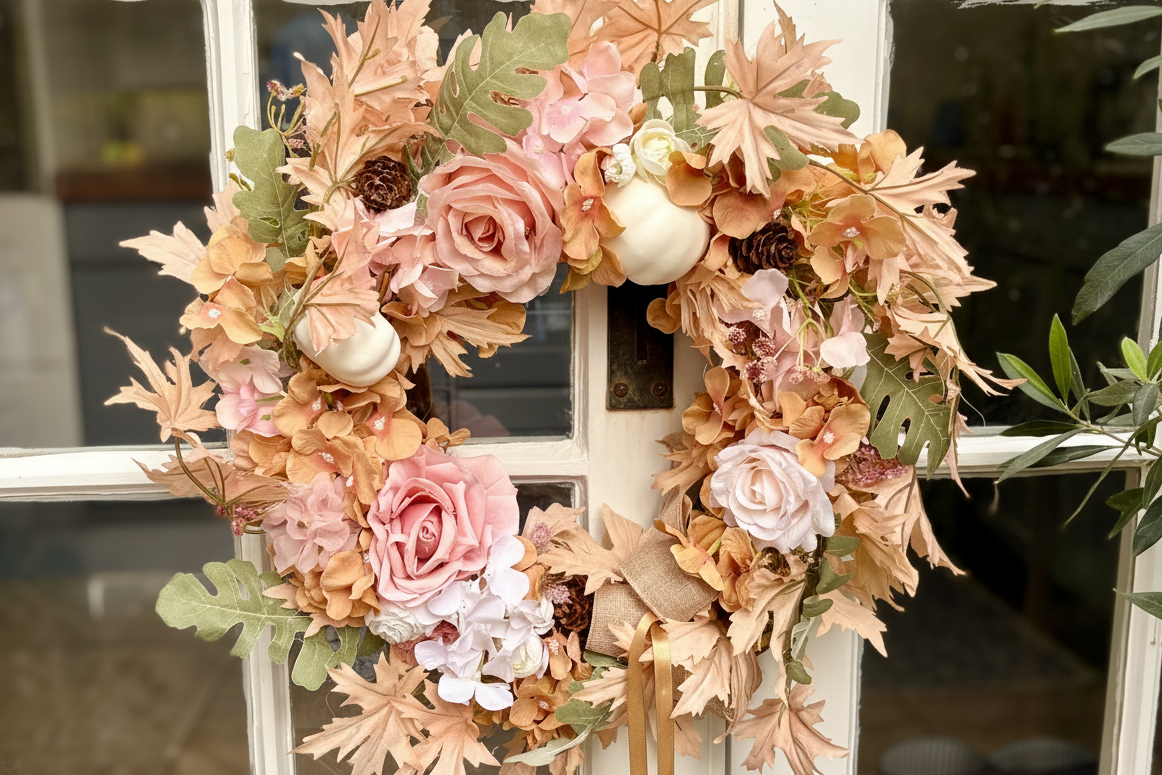 Blush Rose & White Pumpkin Autumn Wreath