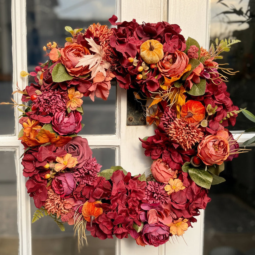 Burgundy & Amber Autumn Wreath with Mini Pumpkins