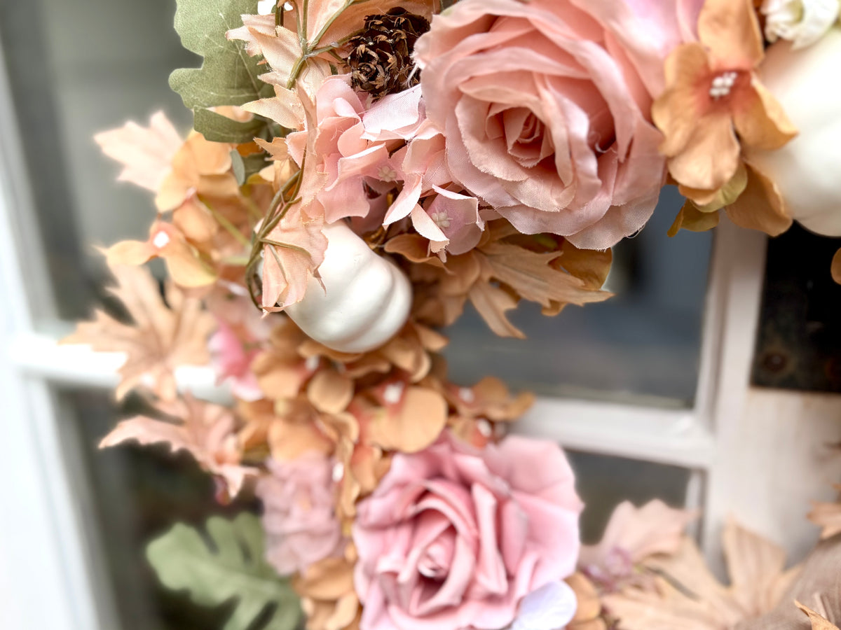 Blush Rose & White Pumpkin Autumn Wreath