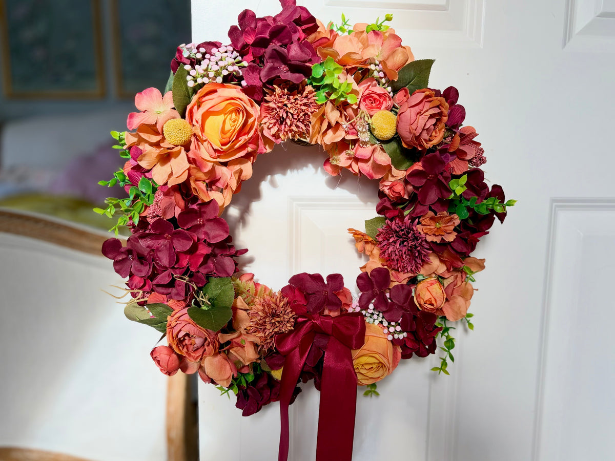 Burgundy & Orange Rose Evergreen Wreath