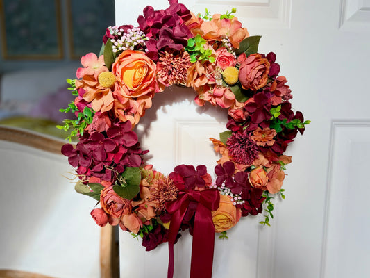 Burgundy & Orange Rose Evergreen Wreath