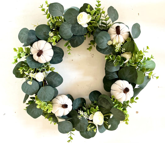 White pumpkins autumn artificial door wreath