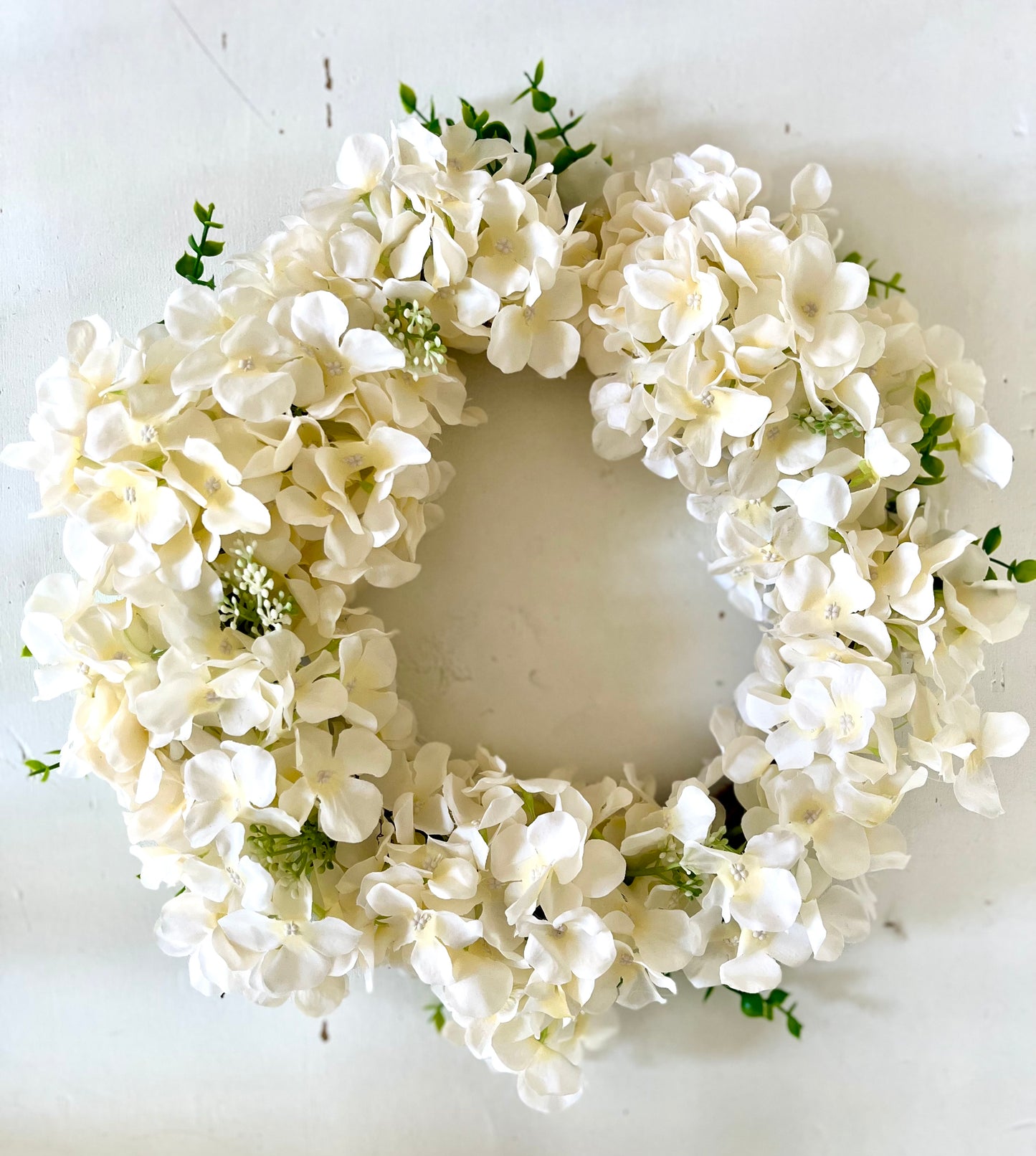 White artificial hydrangea door wreath
