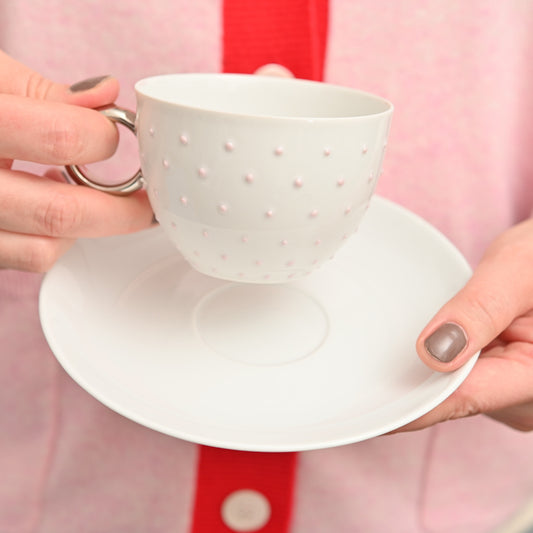 Handmade Dotted Porcelain Cup with Saucer